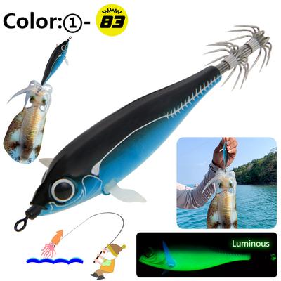 Señuelo de Calamar Luminoso de 83 mm Lámpara de Pesca Nocturna Anzuelo Anzuelo Doble Anzuelo de Calamar Forma de Pez Realista para Agua Salada Agua Dulce
