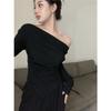 Salt light ripe suit women's one-word shoulder T-shirt top spring new high-waisted wide-leg pants temperament pants two-piece set