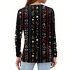 Women's Fashion Casual H Printed V-Neck Long Sleeve Decorative Button T-Shirt Tops