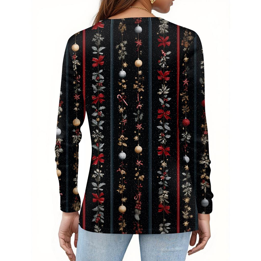 Women's Fashion Casual H Printed V-Neck Long Sleeve Decorative Button T-Shirt Tops