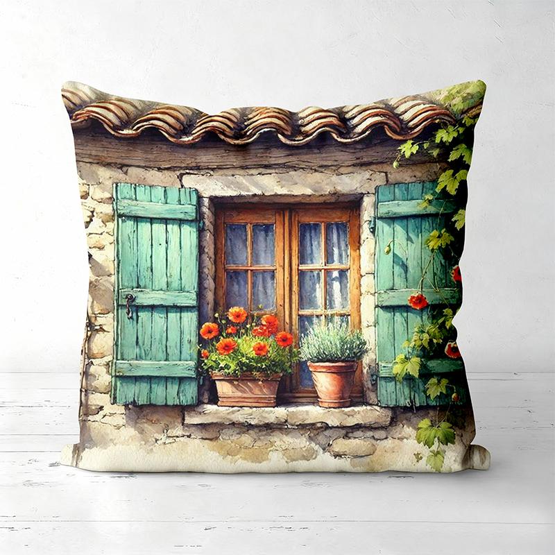 Charming Window With Flowers And Cat Pattern Pillows Polyester Pillowcase, Sofa Decorative Cushion Cov Headboard Pillow
