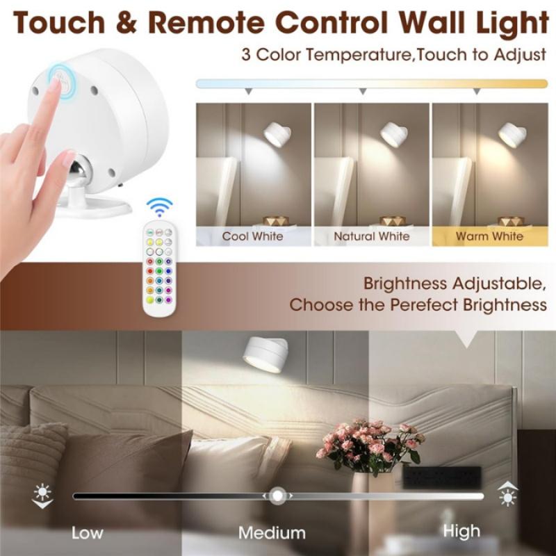 LED Wall Mounted Lights with Remote 3 Color Temperatures 12 RGB Color Ambience Wall Sconces Rechargeable Magnetic Wall Lights
