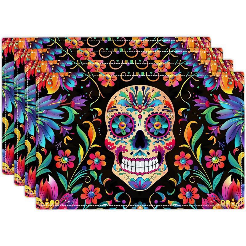 Halloween Table Mat Skull Design Festive Dining Placemat Cotton Linen Blend Modern Minimalist Square Decor Kitchen Room Party Decoration 30x45