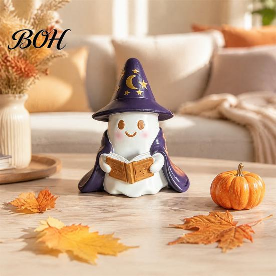 Cute Resin Ghost Statue Lighted Figurine, Wizard with LED Light, Desktop Halloween Ornament Reading Book Night Light for Home Shelf Decor Indoor