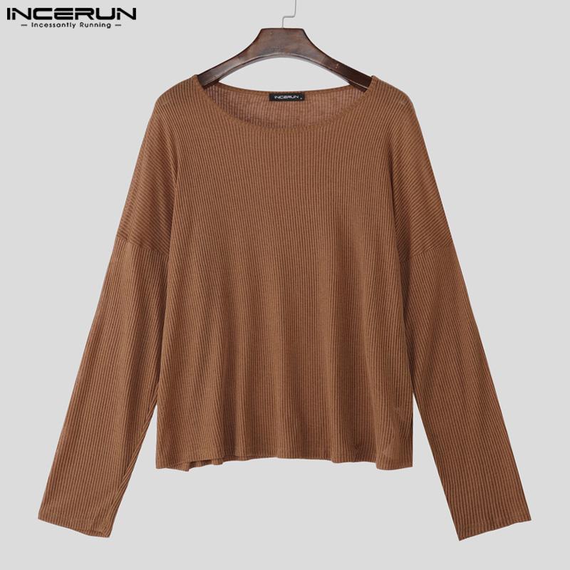 INCERUN Men Scoop Neck Long Sleeve Texture Flimsy Rib Casual Loose T-shirts Tops Undershirts
