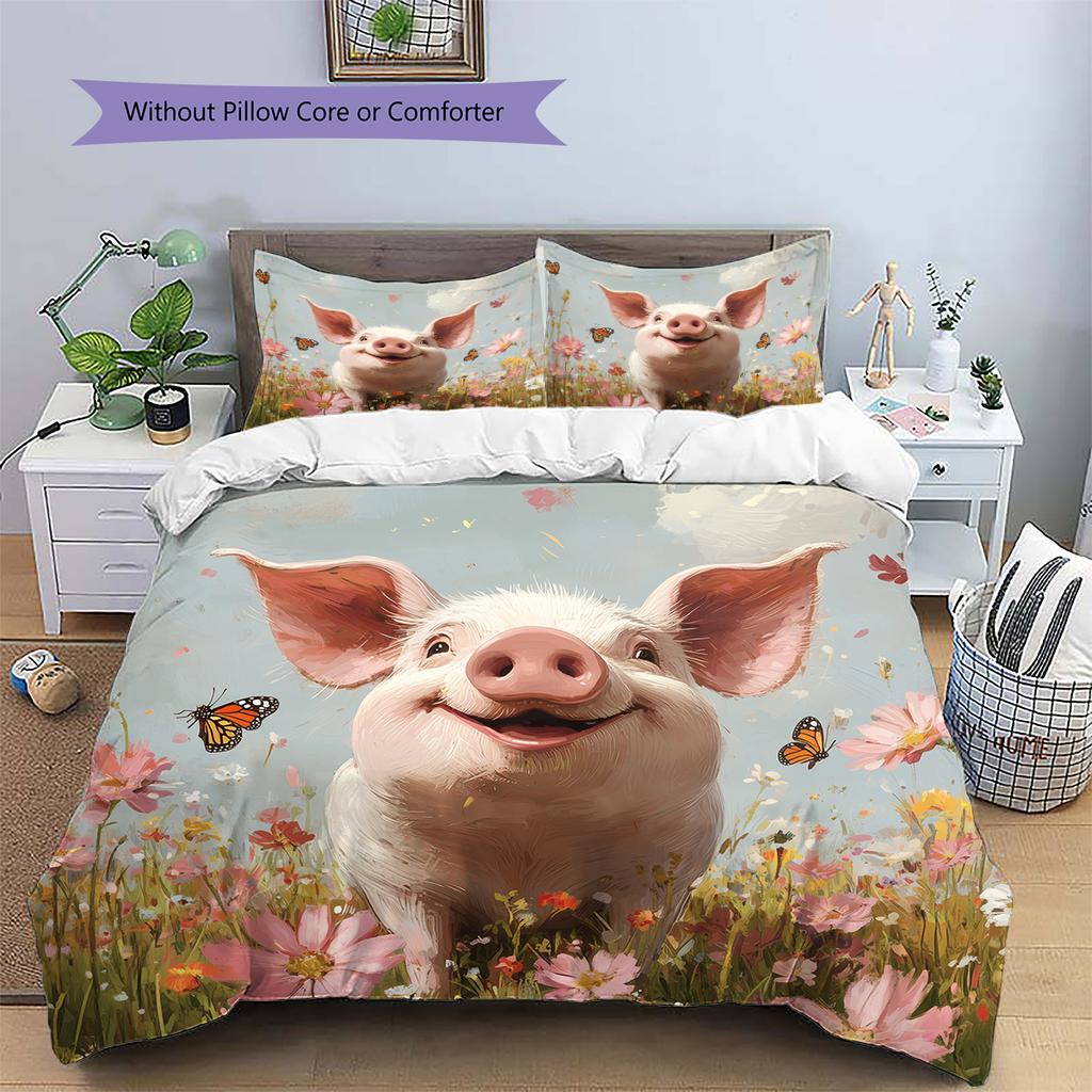 Pig and Flowers Pattern Bedding Home Decoration Birthday Gift (1 * Duvet Cover + 2 * Pillowcase, Without Core)