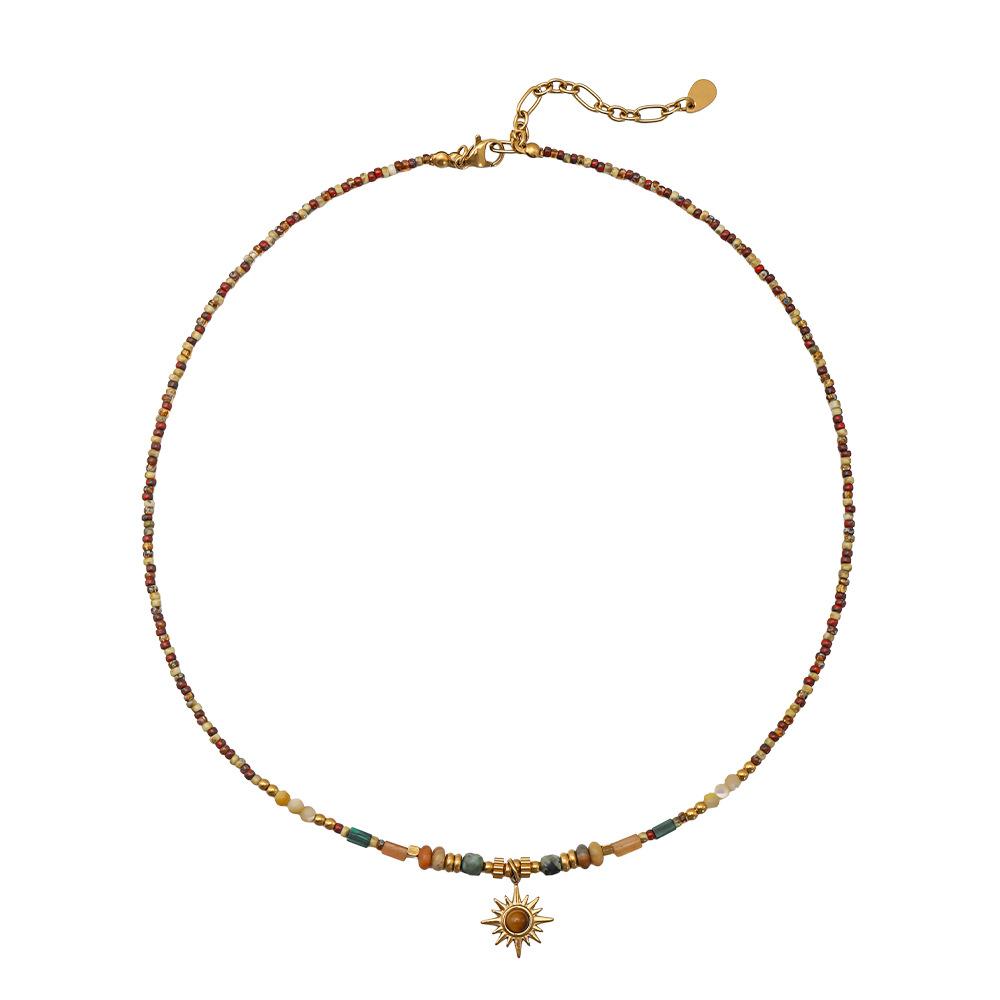 New Chinese Czech Beaded Sunflower Pendant Necklace Retro Ethnic Style Colored Natural Stone Long Sweater Chain