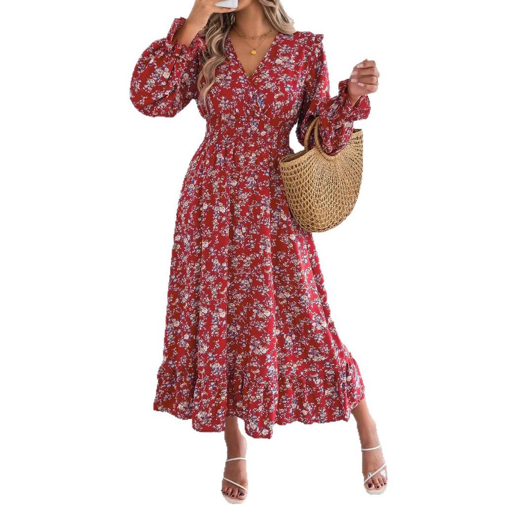 Elegant Women's Long Dress with Floral Cross V-neck, Cinched Waist and Ruffled Edges for Autumn and Winter