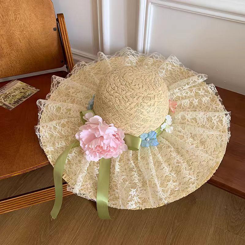 Lace Bow Straw Hat Women's Summer French Large Brim Sunscreen Hat Seaside Beach Vacation Sun Hat