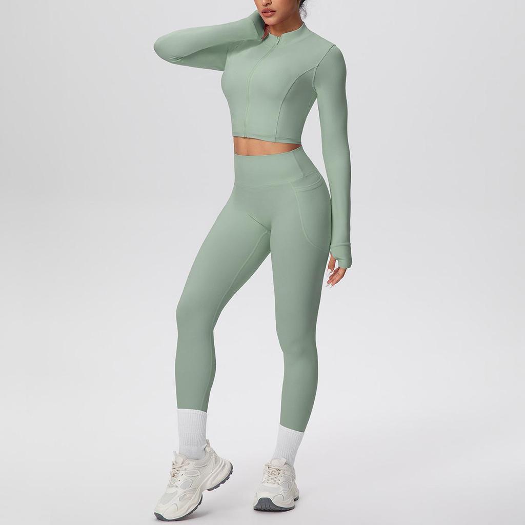 Zipper Crop Top Jacket & High-Waist Butt-Lifting Pocketed Pants Sports Set - Perfect for Yoga, Running, & Casual Fitness.
