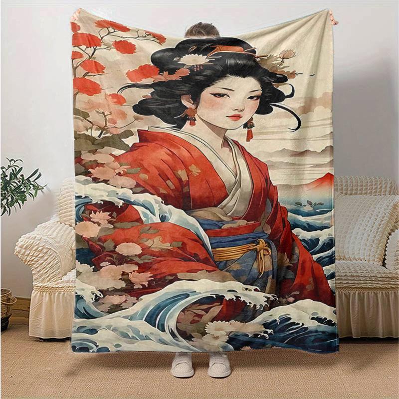 1pc Japanese Geisha Floral Print Blanket Home Decor, Sofa Throw, Outdoor Blanket .W050