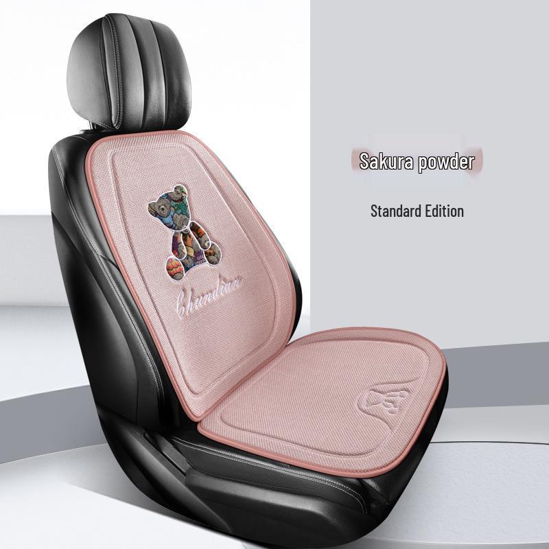 Four Seasons Universal Linen Car Seat Cushion - Cartoon Bear, Breathable, Half-Wrap Rear Seat Cover