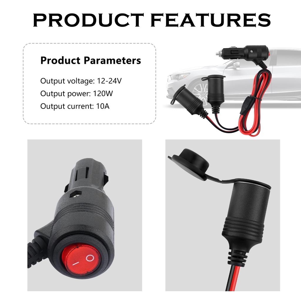 3ft Cigarette Lighter Splitter with Switch Air Inflator Car Vacuum Cigarette Lighter Extension