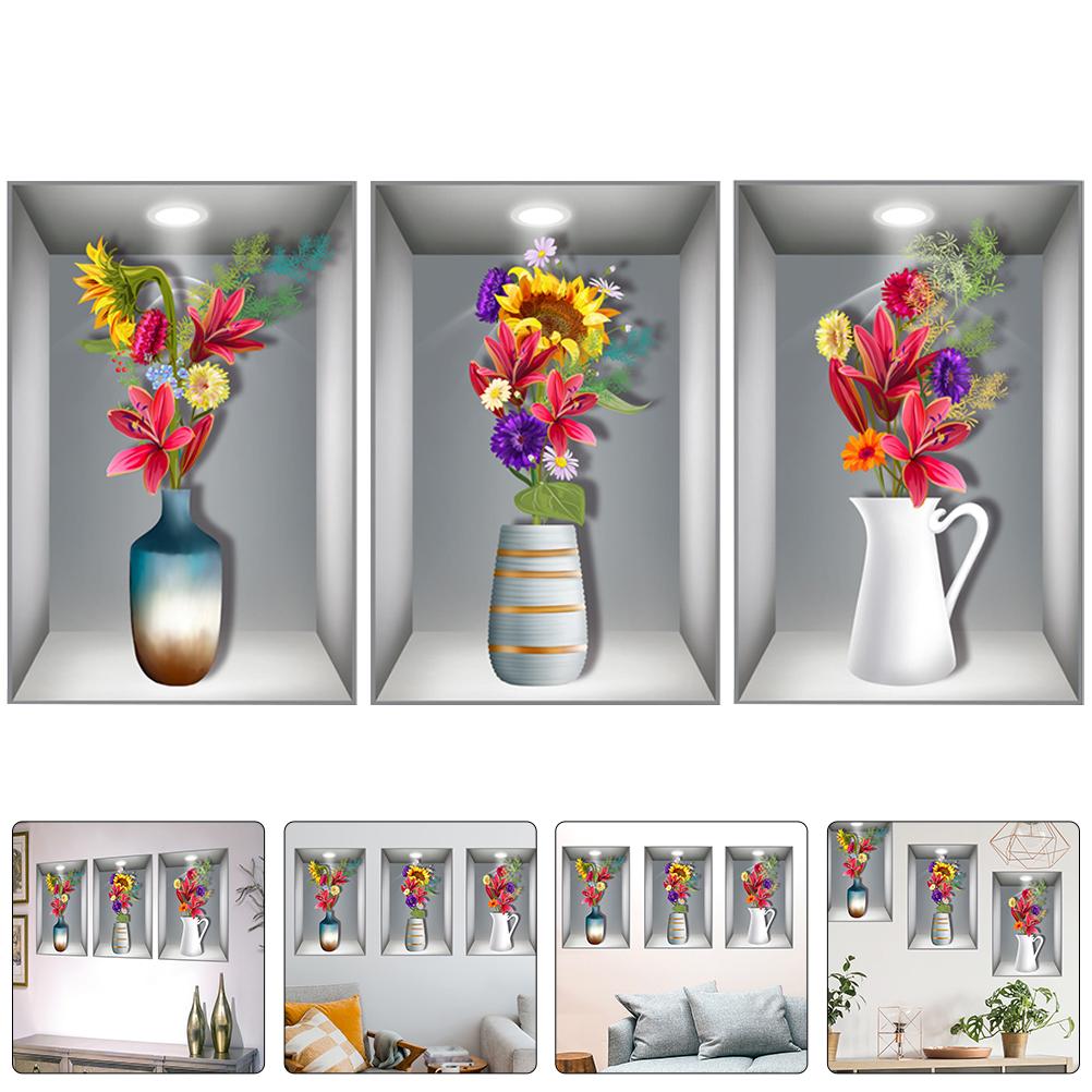 

3 шт. Наклейка на стену в виде горшечной вазы, липкая наклейка, 3D наклейки с цветами, аппликация, декор, фон, эстетичный ПВХ, офис, дом 45.00X30.00X0.10CM