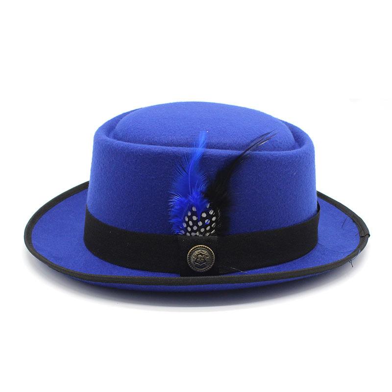 Men'S And Women'S Woolen Top Hats, Bowler Woolen Top Hats, Gentleman'S Jazz Hats, Black And Blue Feathers Czy-224