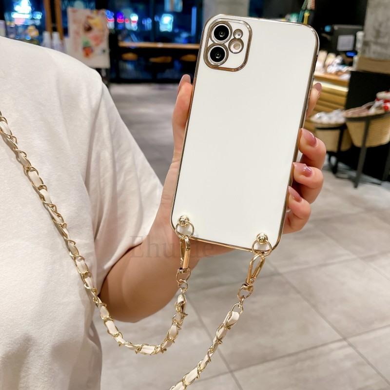 PU Leather Chain Crossbody Lanyard Case For iPhone 16 15 14 13 12 11 Pro Max Mini XS X 7 8 Plus Plating TPU Strap Cover