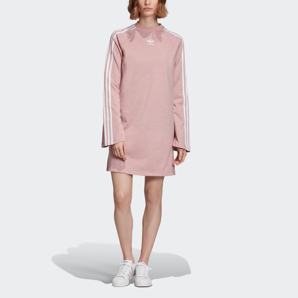 Adidas Originals Glitter Dress Three Stripes Long Sleeve Dress Women dresses Pink ED4783