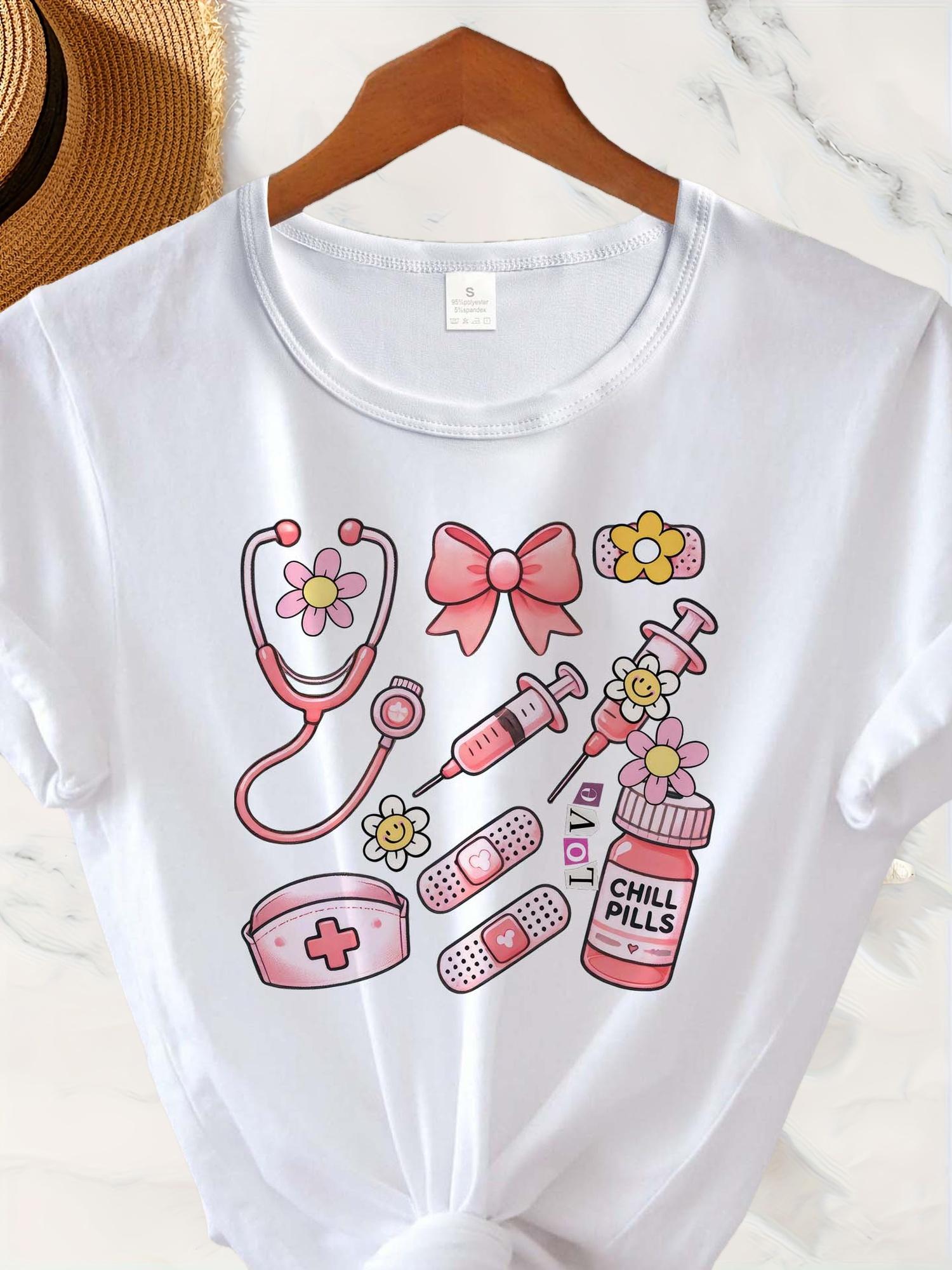 Cute Nurse Stethoscope Syringe Flower Bow Chill T-shirt XXXL