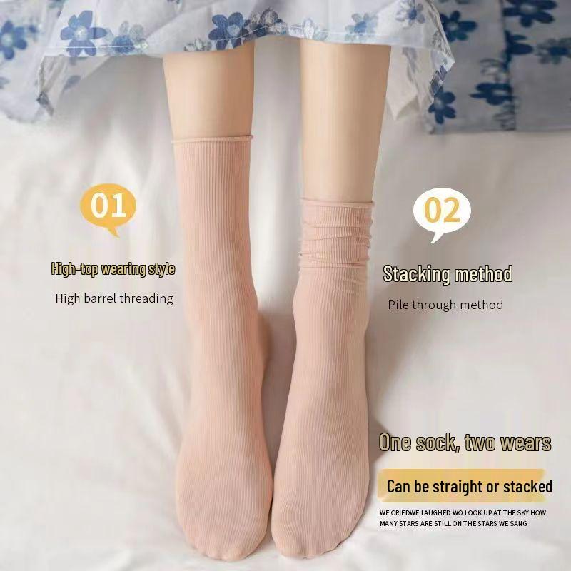 Damskie białe skarpetki do połowy łydki z jedwabiu lodowego: Cienki, Jednolity kolor, Aksamitny, Wiosna/Lato