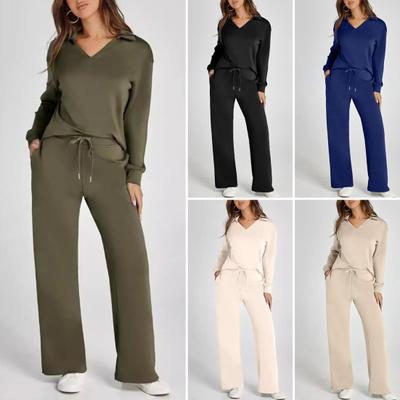 2 Pcs/Set Women Top Pants Suit V Neck Long Sleeves Solid Color Sport Sweatshirt Drawstring Elastic Waist Wide Leg Trousers Fitness Outfit Fall Spring