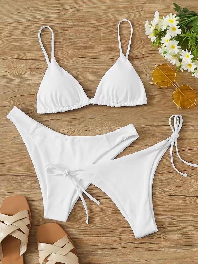 New bikini threepiece swimsuit women s split swimsuit solid color sexy suspender S белый