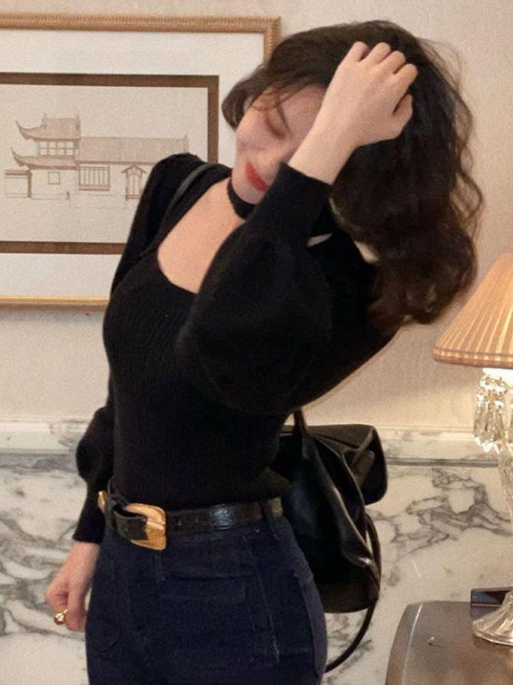 Sweaters Autumn and Winter The New Niche Bubble Sleeves Square Neck Bottoming Shirt and Long-sleeved Knitted Tops.