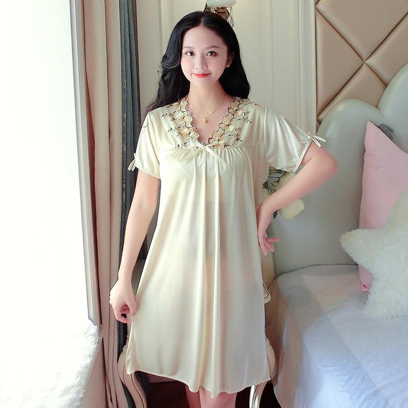 Faux Silk Short-Sleeve Lace Nightgown: Sexy & Comfortable Women s Pajamas One Size шампанского