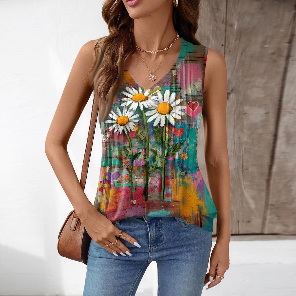 Women Sleeveless V Neck Tank Top Loose Fit Floral Print Summer Casual Blouse Lightweight Soft Fabric Comfortable Wear