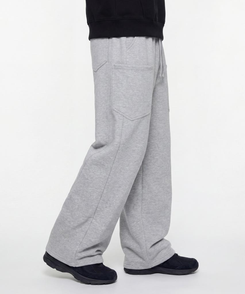 AGOD (Fleece-Lined) Side Big Pocket Wide Sweatpants [Heather Grey]
