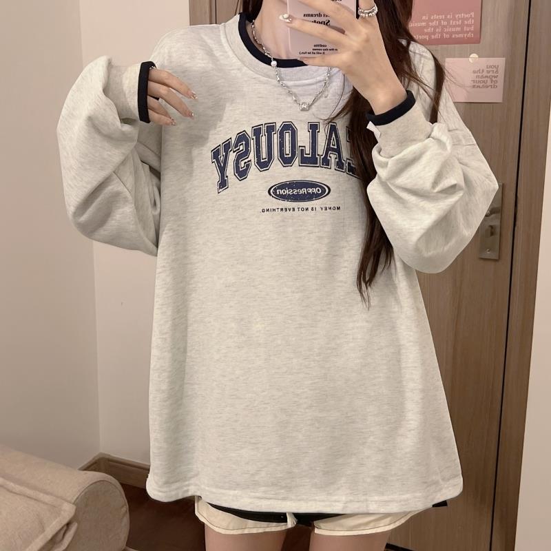 Herbstkleidung, amerikanische Mosaikfarbe, Rundhalsausschnitt, langärmeliger Kapuzenpullover, Damen, amerikanischer Buchstabendruck, lässige Bluse