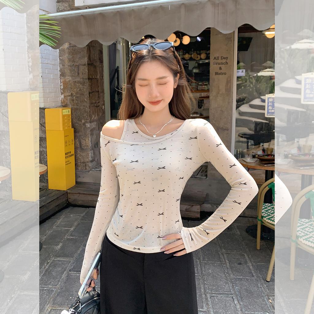 Autumn fake two-piece bow polka dot printing design sense long-sleeved T-shirt women's slim top