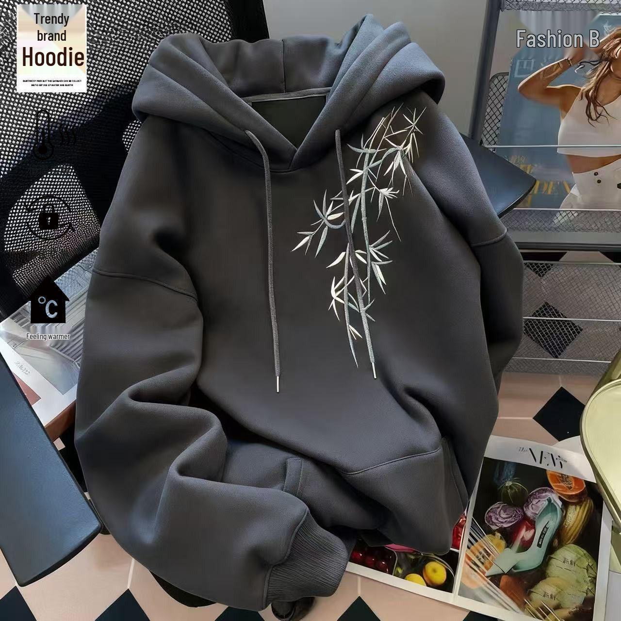 Herren Herbst Winter Chinesischer Stil Bedruckter Hoodie - Samt Verdickt, Locker, Schwergewichtige Jacke Large black