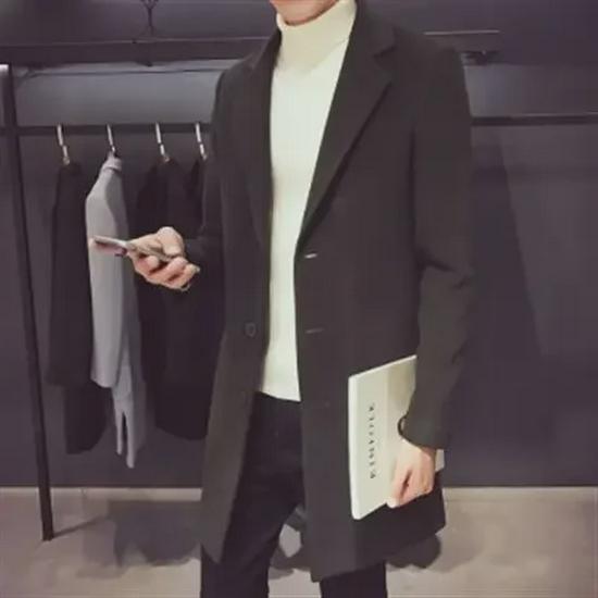 Red Woolen Men's Mid-Length Korean Style Slim Windbreaker Coat