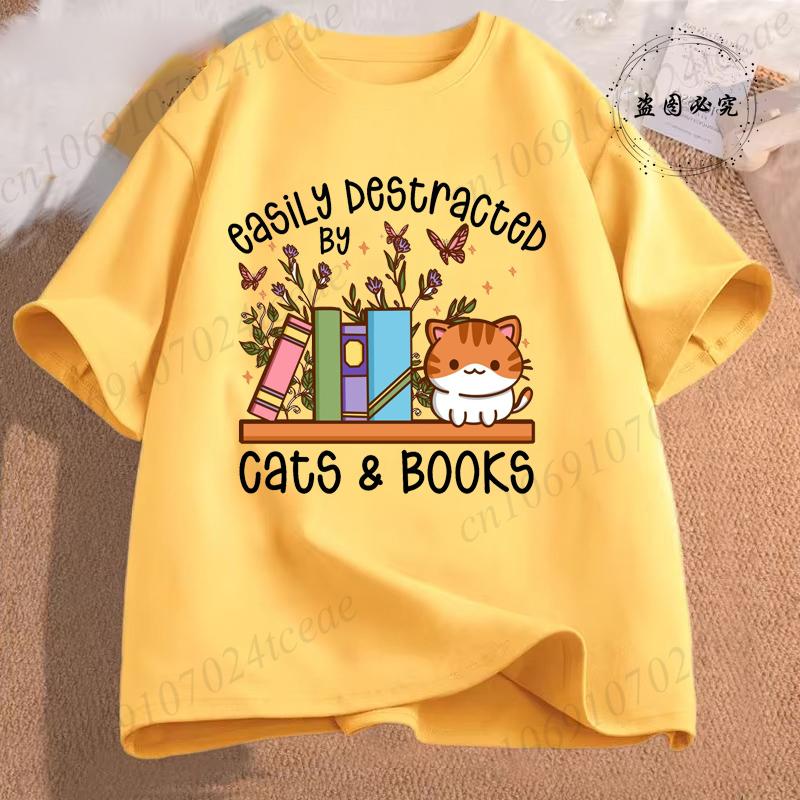 Easily Distracted By Cats & Books Tees Tops Floral Cat Shirt Women Fashion Tshirt Oversize Summer Tshirt Short Sleeves Clothing