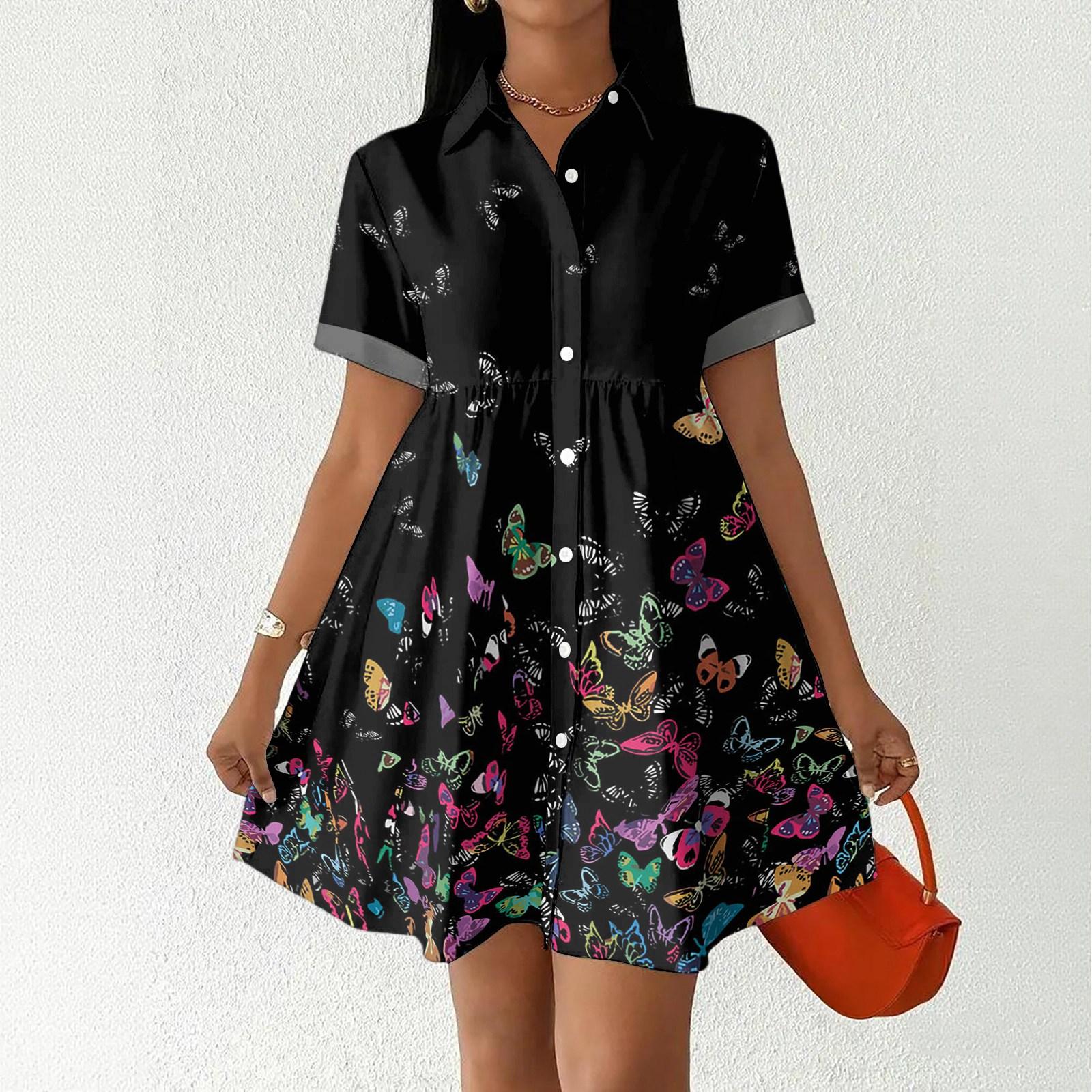 

Women s Casual Loose Fit Shirt Dress Button Front Short Sleeve Turn Down Collar Dress with Printed Pattern Suitable for Daily Wear M чёрный