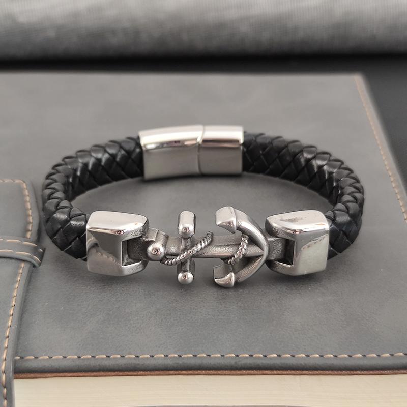 New Ship Anchor Bracelet for Men Hand Multi-Layers Black Leather with Magnetic Charm Bracelet Clasp Boyfriend Jewelry Gift