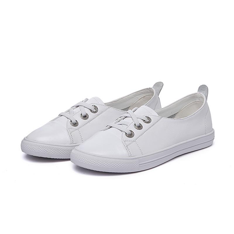 2025 Korean Style Women's White Genuine Leather Flat Casual Shoes