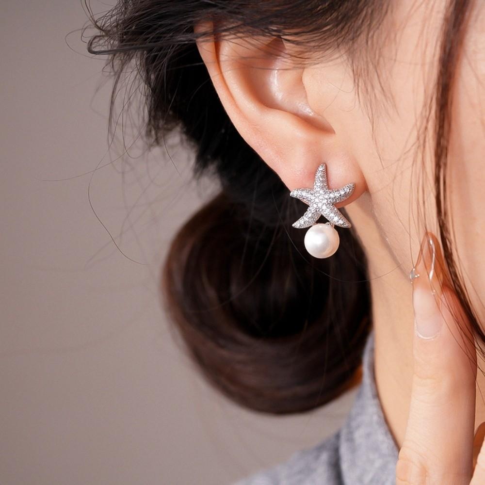 Ocean Style Starfish Starfish Pearl Stud Earrings Crystal Starfish Ear Studs  Women