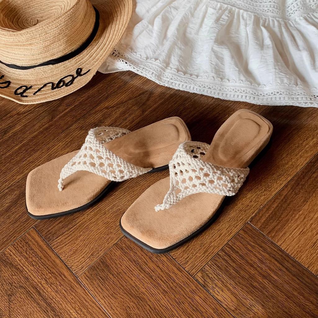 Sheepskin Version~ Grape Mother with the Same Height Increase of 4cm Hollow Crocheted Toe Square Head Cool Slippers Women's Summer Outer Slippers