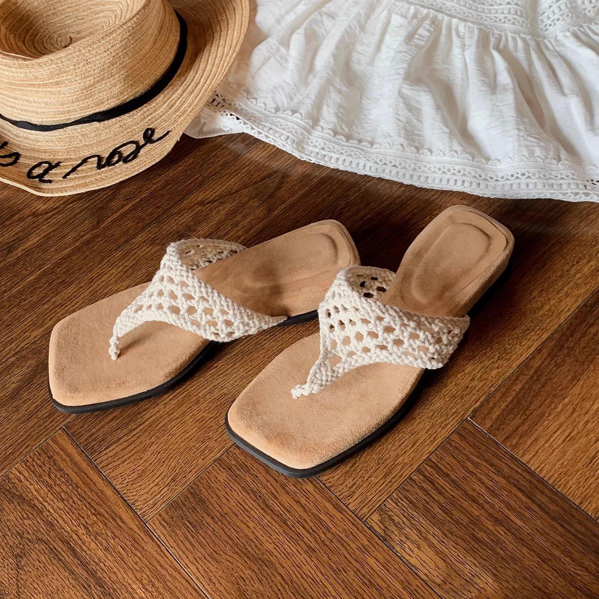 

Богемные шлепанцы из овчины женская обувь с ажурным вязаным носком на толстой подошве женские летние сандалии 40