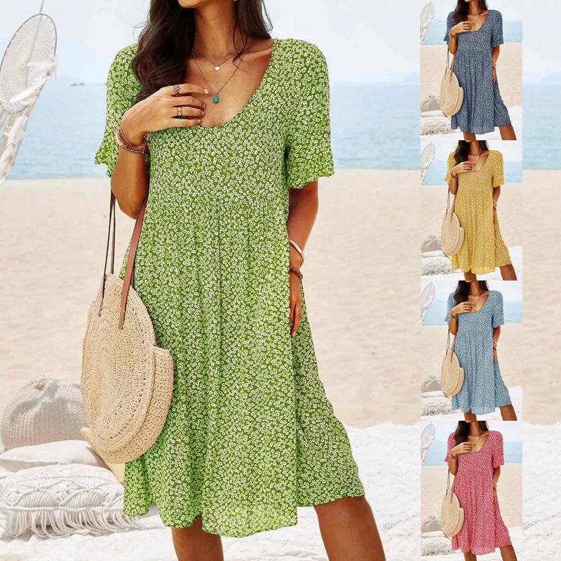 

Женское летнее свободное платье в стиле бохо с цветочным принтом, мешковатые повседневные платья с коротким рукавом и U-образным вырезом, большие размеры S жёлтый