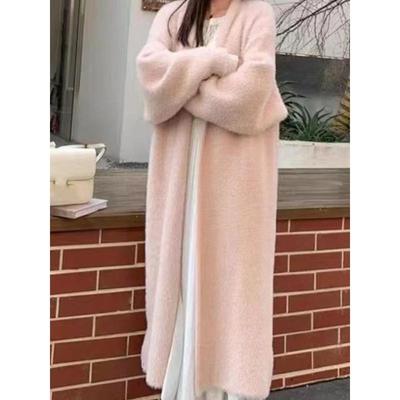 Manteau Tricoté Vintage Élégant Hiver Veste Douce Ample Coréen Décontracté Automne Hiver Cardigan en Fourrure Femmes Pulls Longs Couleur Unie