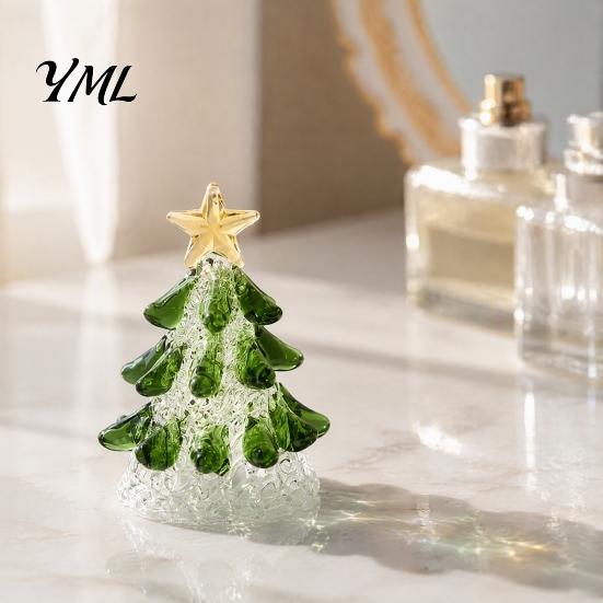 Christmas Gift for Friends Handmade Glass Tree Lighted Figurine, Mini Luminous Xmas Crystal Figurine Night Light, Art Tabletop Holiday Decoration