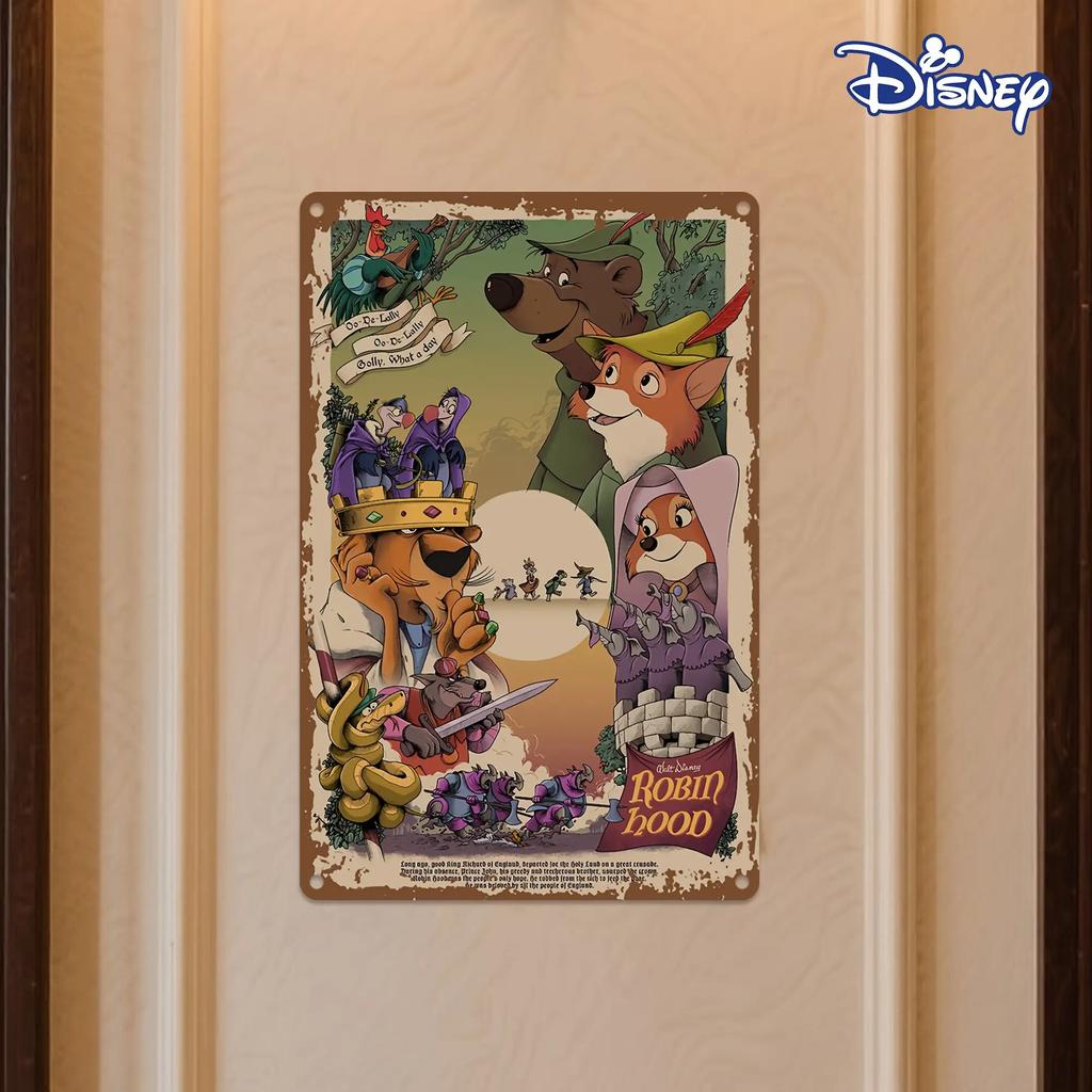 1pc Disney Robin Hood Metal Tin Sign - 20.32cm X 30.48cm Vintage Wall Art with Whimsical Animal Characters, Frameless Motivation