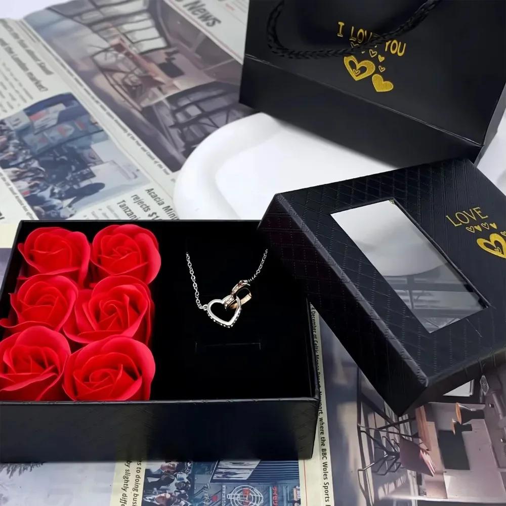 Romantic Valentine’s Day Jewelry Gift Box with 6Rose Pendant Ring Bracelet Eternal Flower Window Design Exquisite Packaging Bag