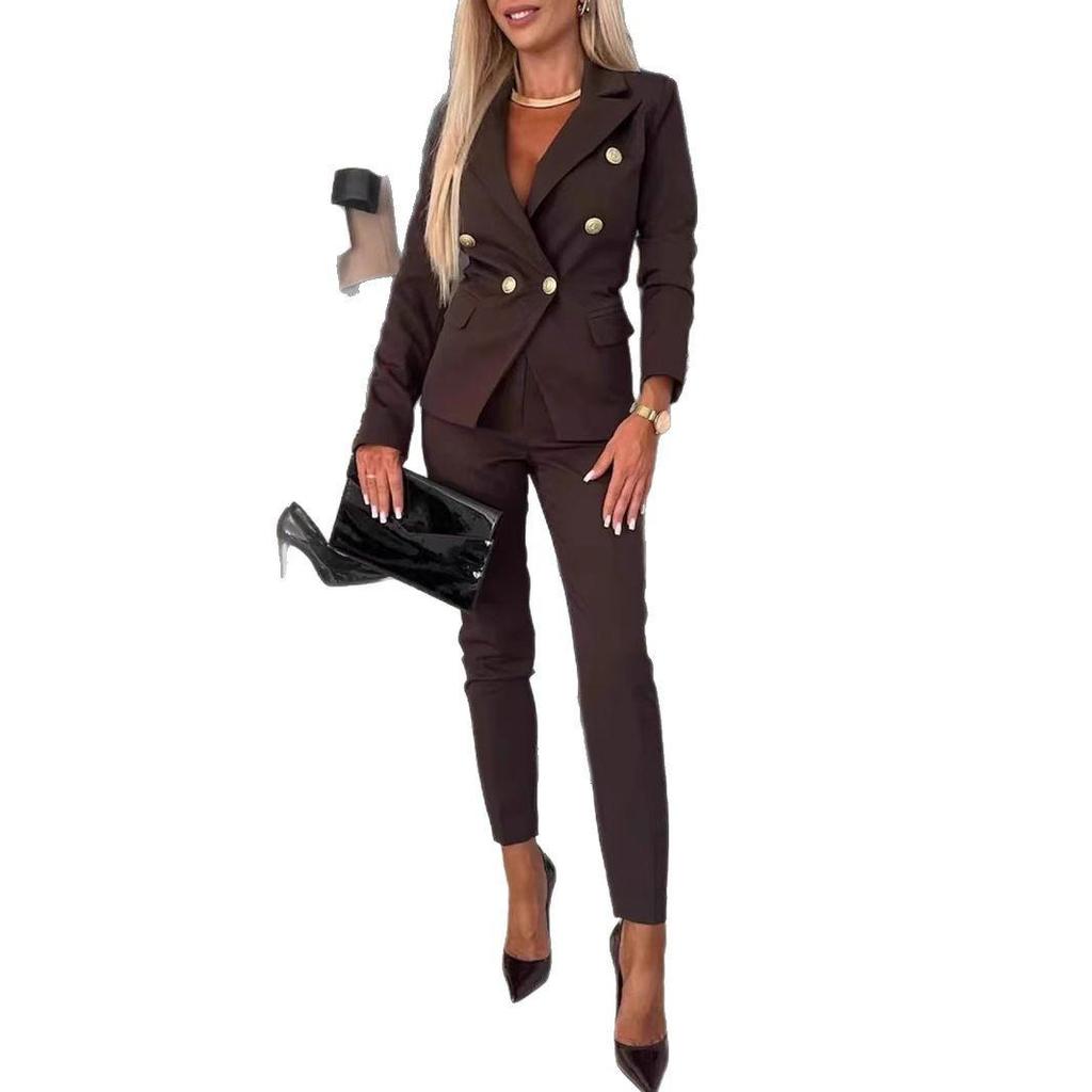 Women's Double Breasted Slim Fit Blazer and Trousers Suit Set
