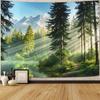 Misty Forest Tapestry, Serene Pine Trees With Sunbeams And Snowy Mountain Wall Art For Nature Lovers And Calm Room Decor