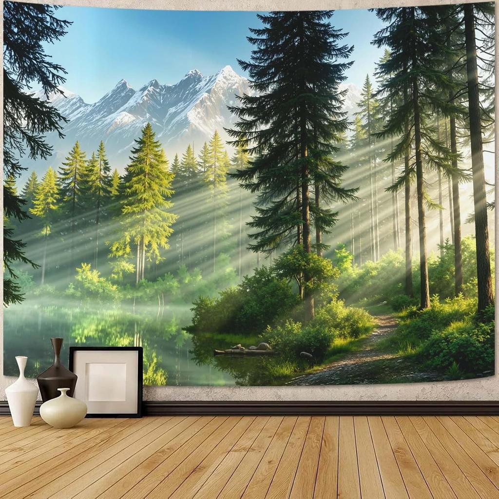 Misty Forest Tapestry, Serene Pine Trees With Sunbeams And Snowy Mountain Wall Art For Nature Lovers And Calm Room Decor