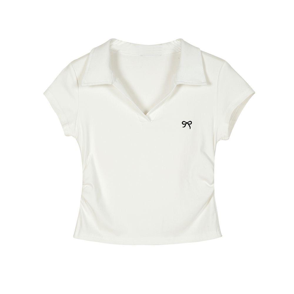 Dámské tričko s krátkým rukávem s límečkem, slim fit, bavlněné, s výšivkou mašličky