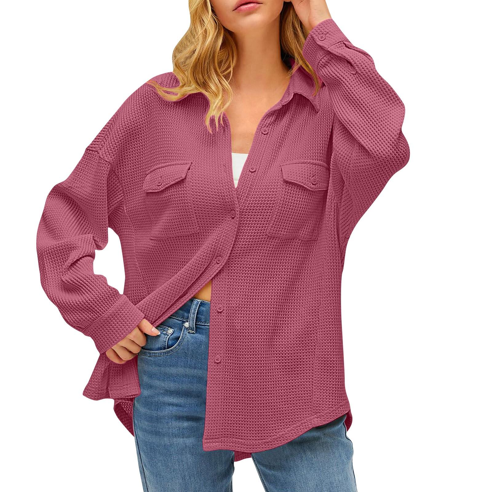 

Women s Pocket Blouse Solid Color Casual Loose Long Sleeve Top S червоний